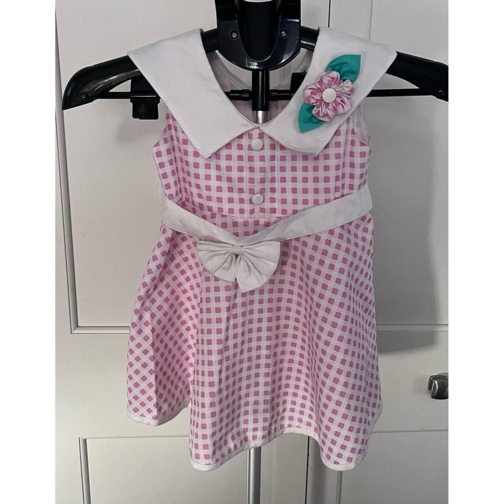 VTG Toddler Girl Dress Size 4 Pink Gingham Flower Applique Bow‎ Collar Thailand